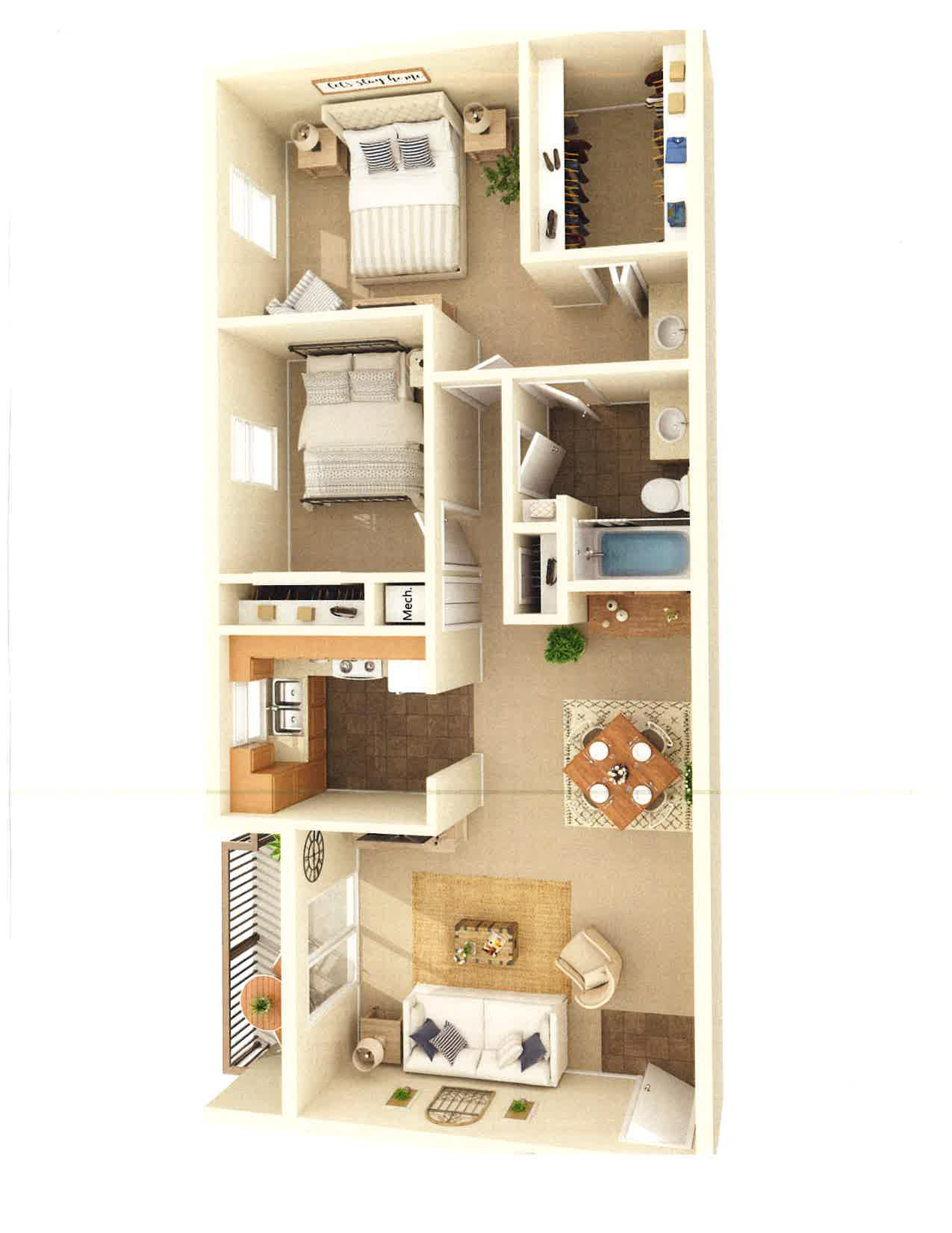 Floor plan for 2 beds, 1 bath, 1028 sqft